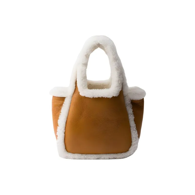 PRADA Leather Tote Bag, Shopping Bag, Handbag Mini Women's Cognac With Natural Color-2