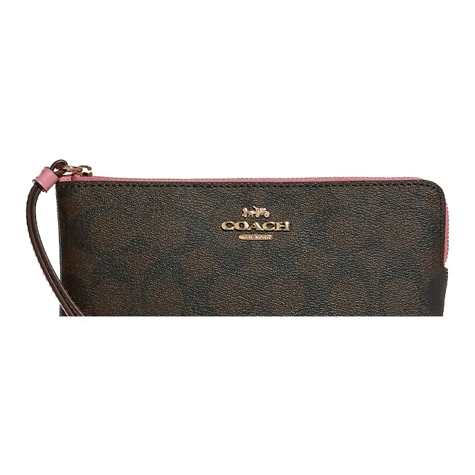 COACH Corner Zip Canvas With Leather Mahjong Set Clutches Large Size Women's Brown With Pink-2