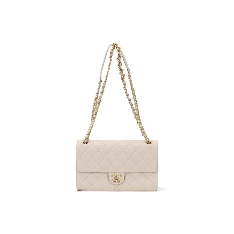 CHANEL Sheepskin Flap Bag, Crossbody Bag, Shoulder Bag Medium Size Women's Milk Tea-0