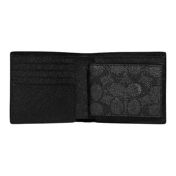 COACH Cross Grain Leather With Canvas Wallet Women's Black-2