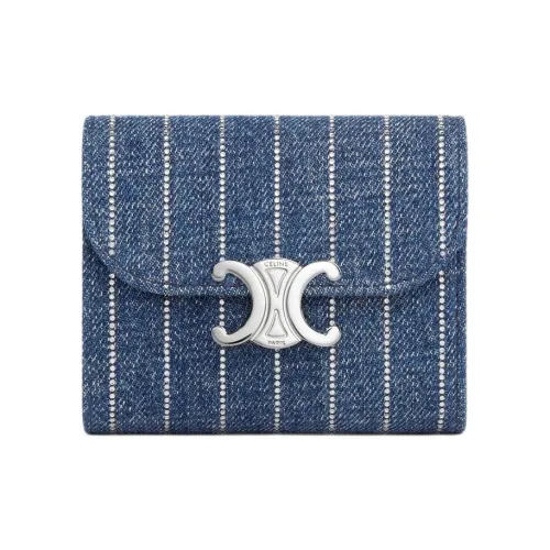 CELINE Triomphe Denim Wallet Small Size Unisex Blue