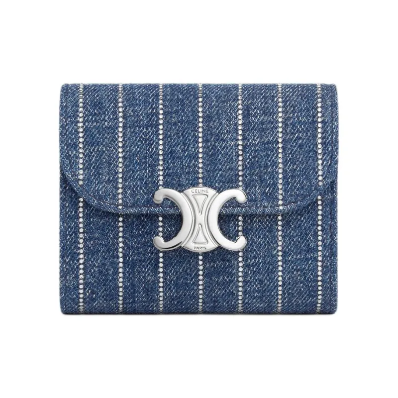 CELINE Triomphe Denim Wallet Small Size Unisex Blue-0