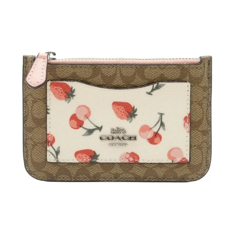 COACH Zip Top Card Case Canvas With Leather Card Holder, Coin Purse Mini Women's Khaki & White-1
