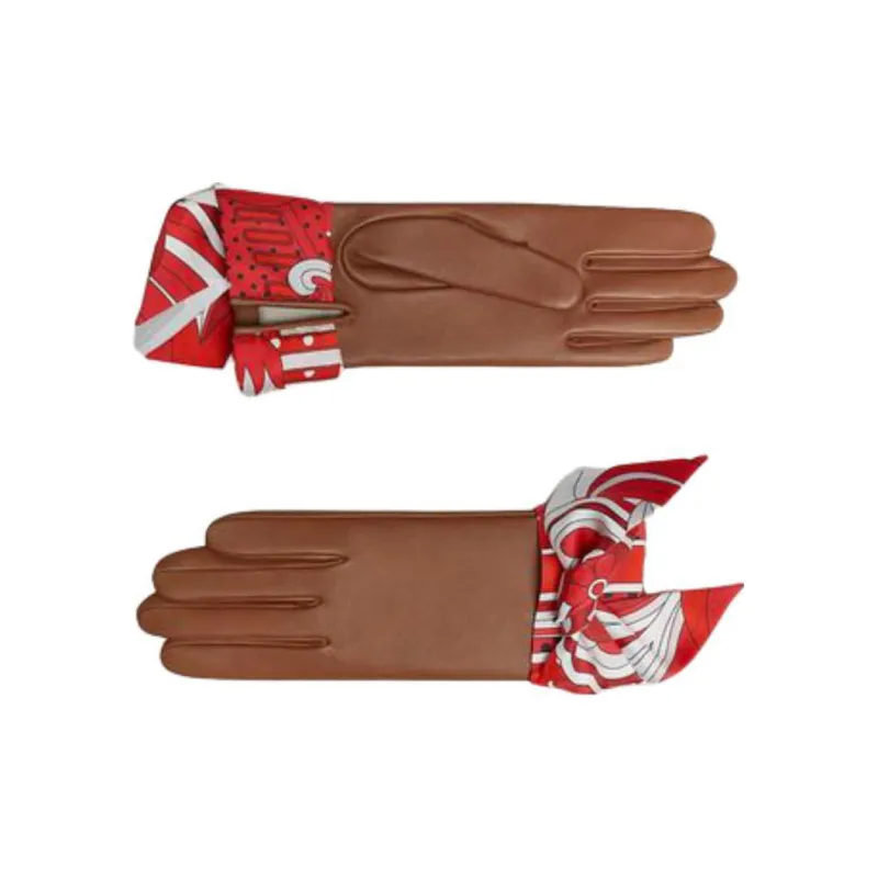 HERMES Silk Leather Knit Gloves Unisex Brown-2