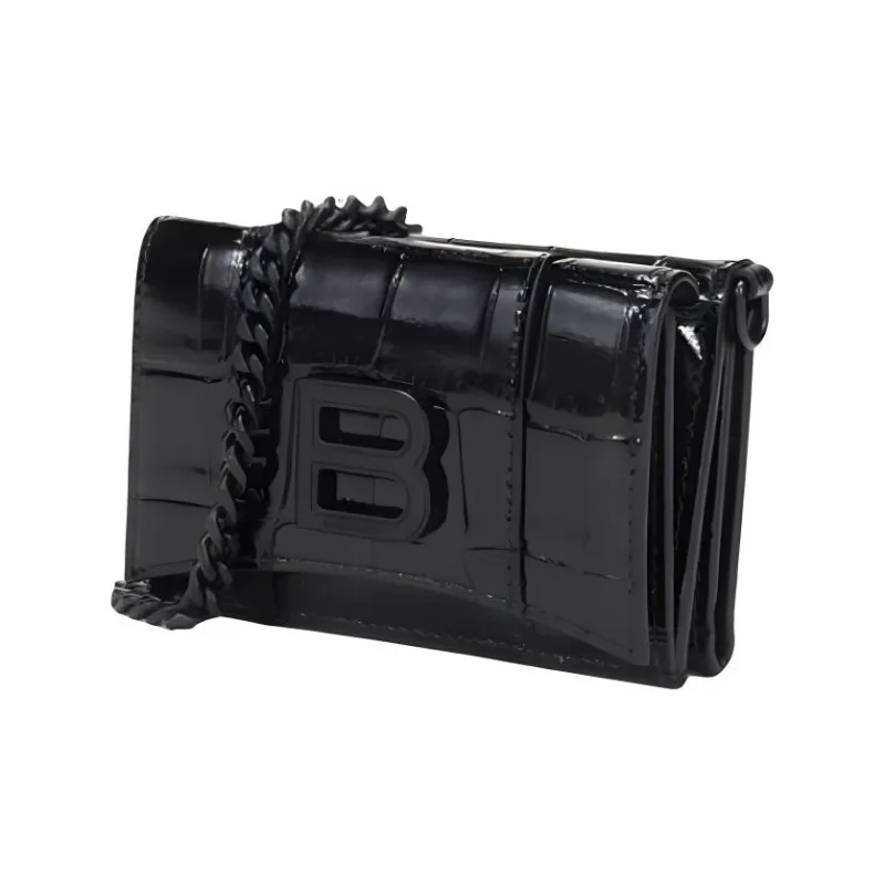Balenciaga Hourglass Cow Leather Patchwork With Sheepskin Wallet Mini Women's Black-2