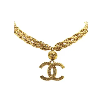 CHANEL 1970-1980 Plated Double Chain Cc Pendant Necklace Costume Necklace