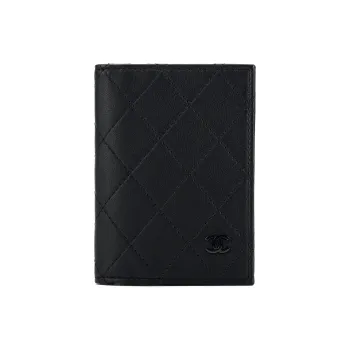 CHANEL Diamond Pattern Matte Cow Leather Passport Clip Card Holder Wallet Small Size Women's Black