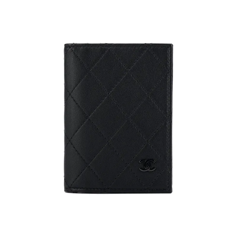 CHANEL Matte Cowhide Passport Holder Card Wallet Trumpets Women's Black-0