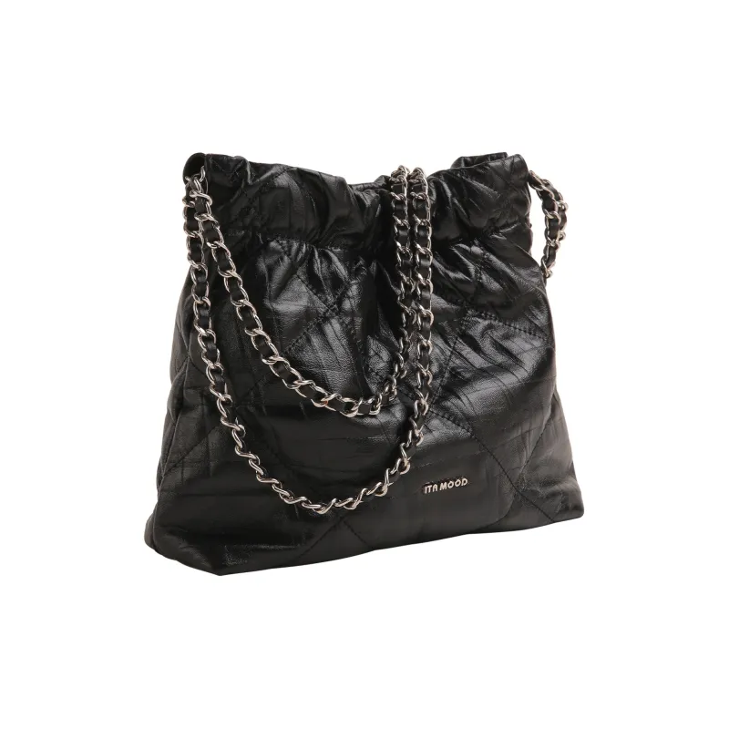 Miao Di Top Grain Cow Leather Shoulder Bag Medium Size Women's Obsidian Black-2