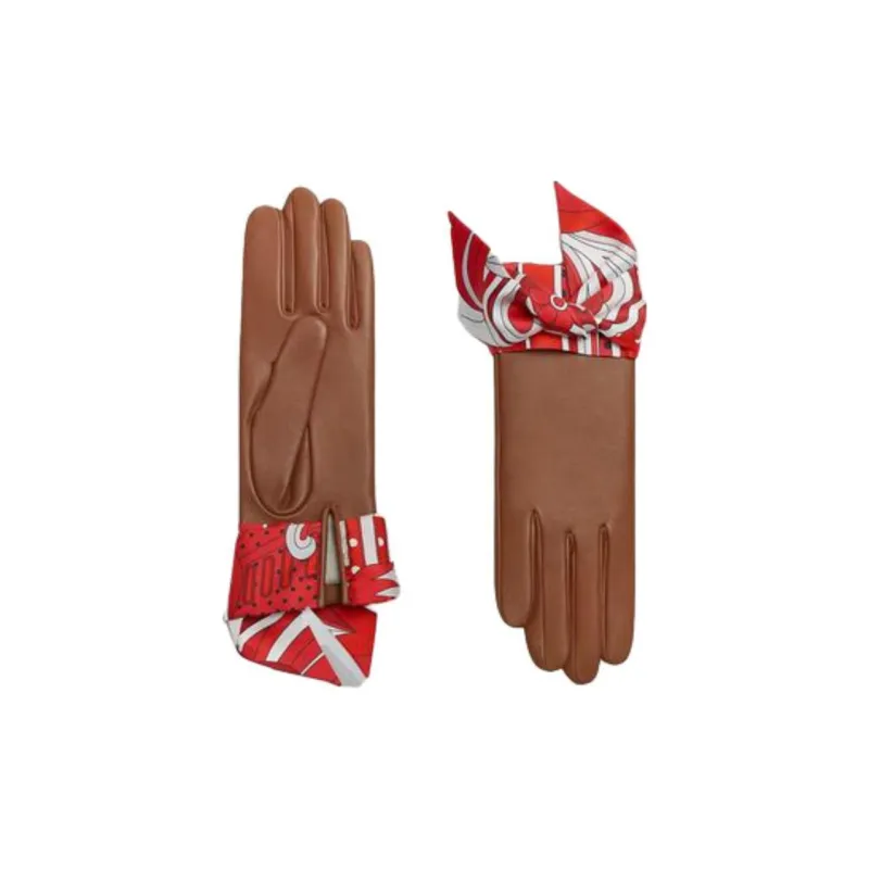 HERMES Silk Leather Knit Gloves Unisex Brown-1