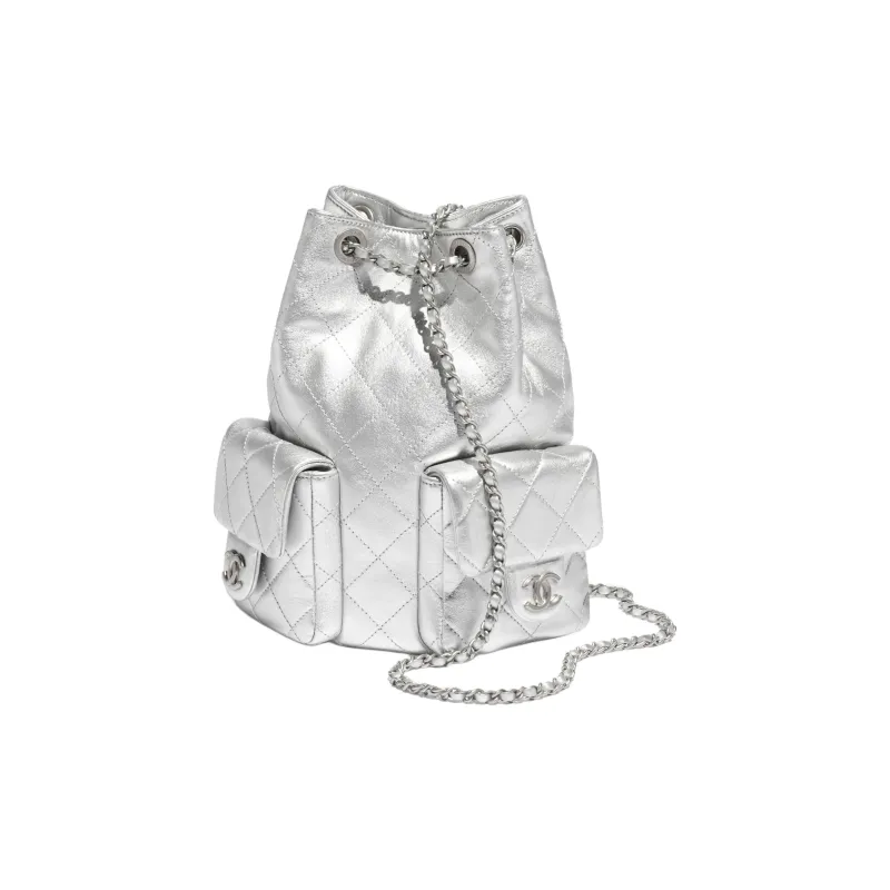 CHANEL Lambskin Backpack Women's Silver-1