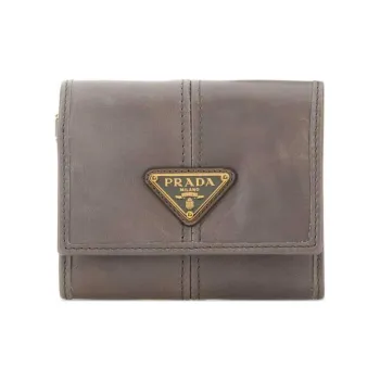 PRADA Triangle Calfskin Wallet Women's Gray Brown