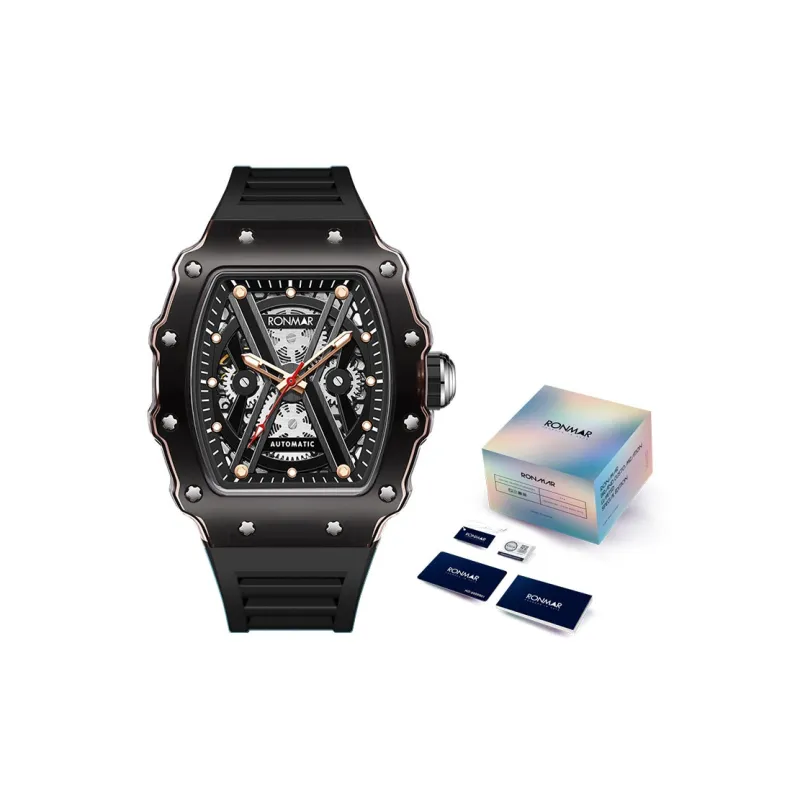 RONMAR Automatic Mechanical Movement Silicone Strap Watch Men's Watches Black Dial-10