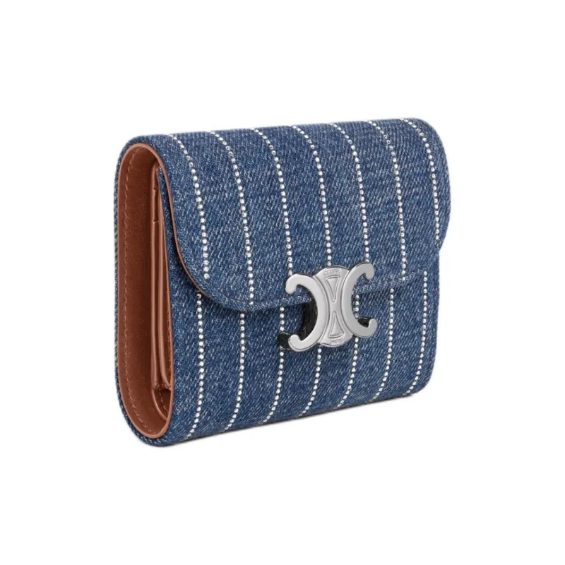 CELINE Triomphe Denim Wallet Small Size Unisex Blue-1