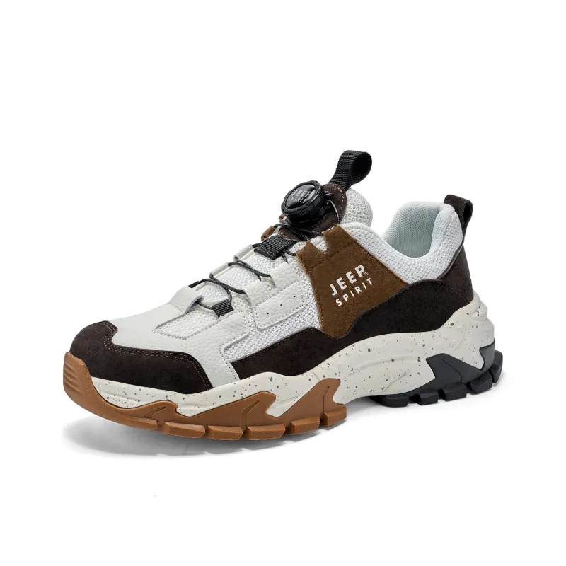 JEEP SPIRIT Anti-Slip Wear-Resistant Breathable Lightweight Height Increasing Low-Top Chunky Sneakers Men's White Brown-2