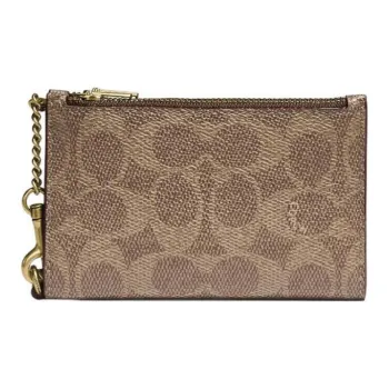 COACH Card Case Canvas With Calfskin Coin Purses Wallets Mini Women's Tan