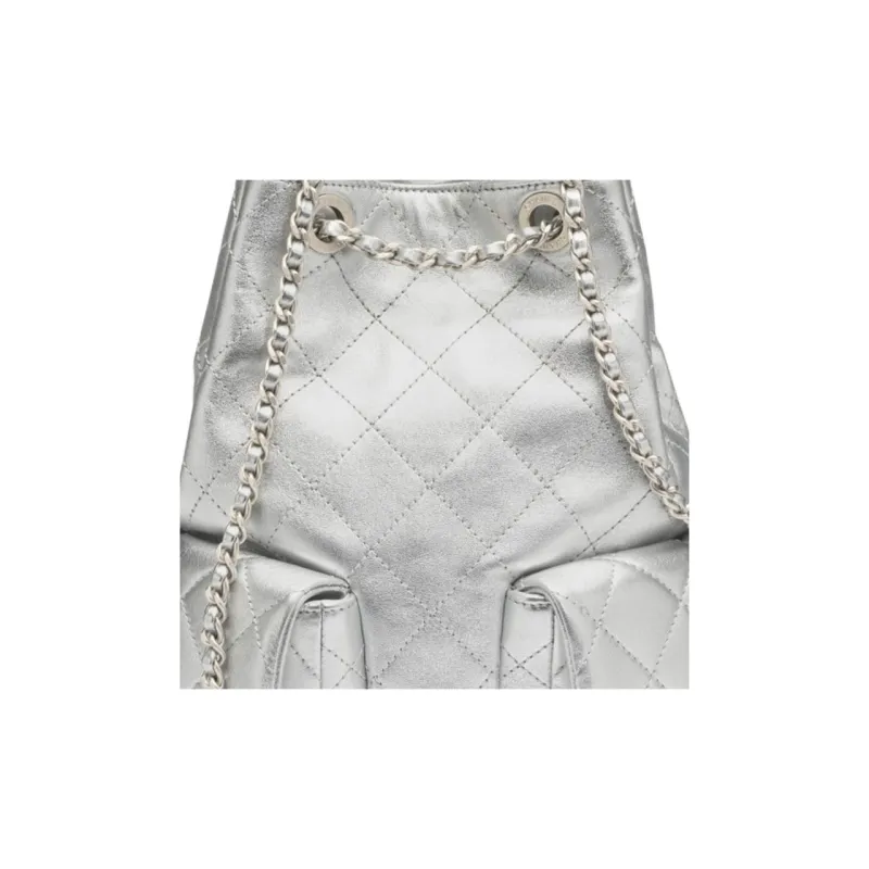 CHANEL Lambskin Backpack Women's Silver-4