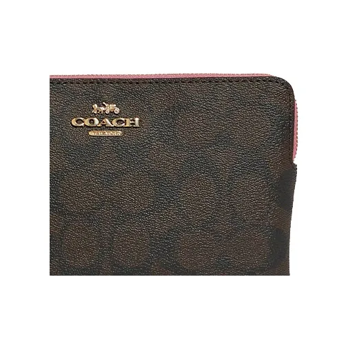 COACH Corner Zip Canvas With Leather Mahjong Set Clutches Large Size Women's Brown With Pink-3