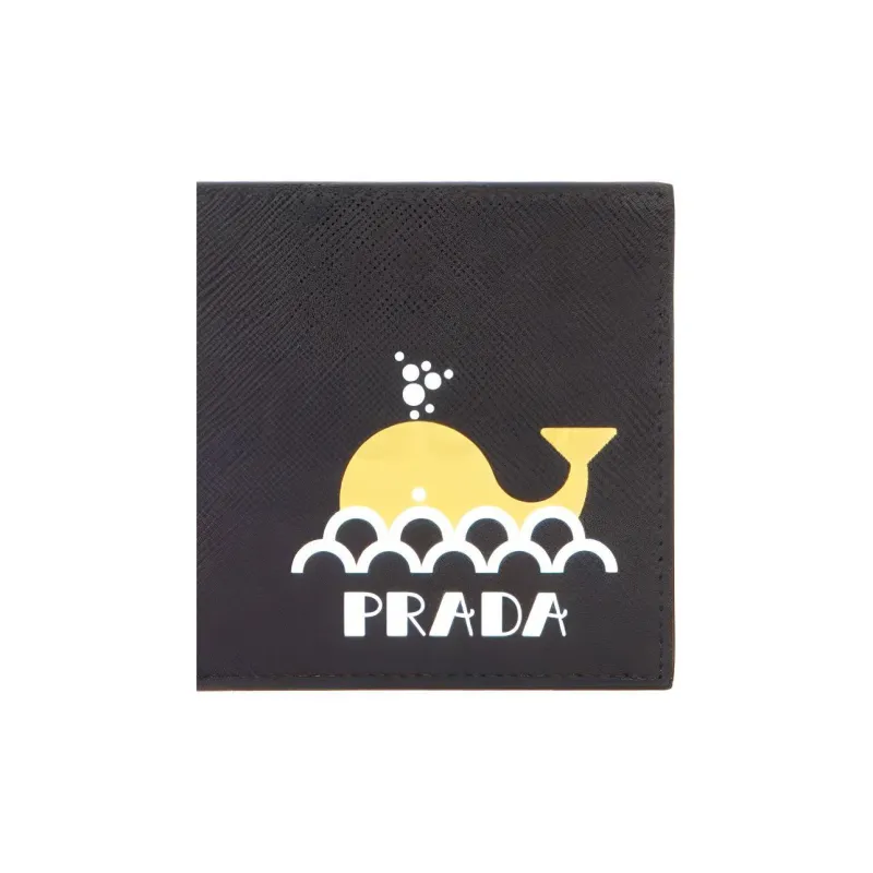 PRADA Leather Wallets Card Holders Unisex Black/Yellow-1