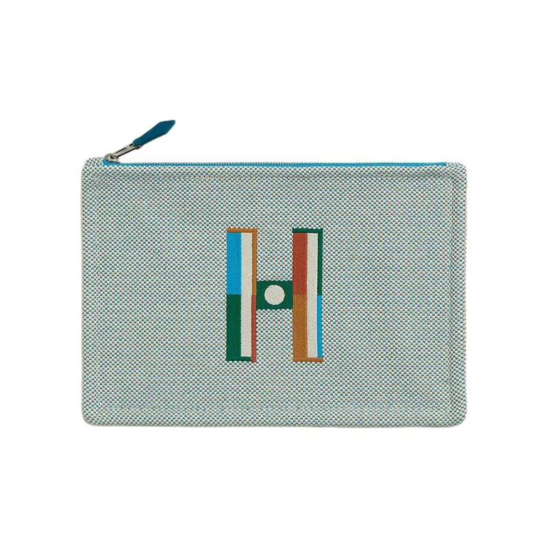 HERMES Cotton Clutch Small Size Unisex Teal & Pebble Gray-0