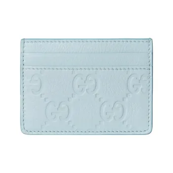 GUCCI GG Emblem Grain Leather Card Holder Women's Light Blue