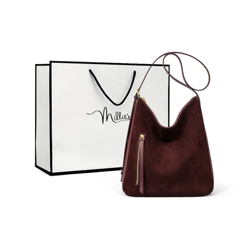 MILLIE'S Cow Leather Portable Underarm Shoulder Bag, Bucket Bag Women's Coffee/Wine Purple-6