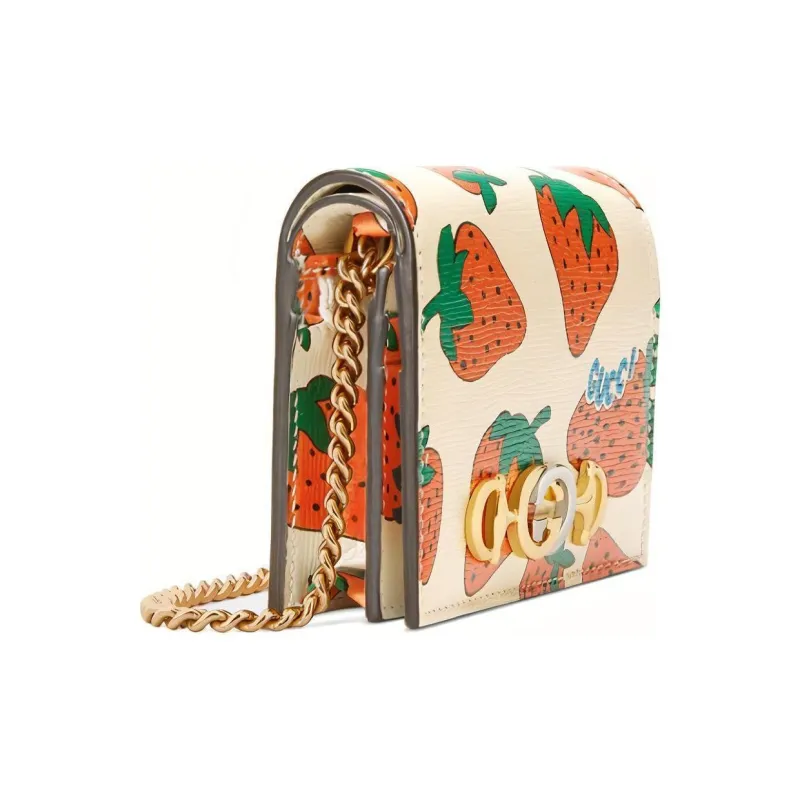 GUCCI Zumi Leather Handbag Card Holder, Wallet Women's Ecru/Red-2