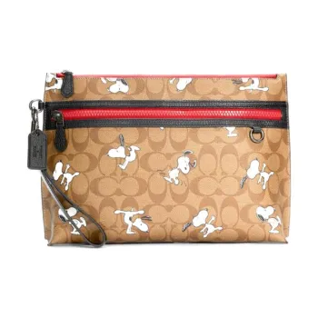 COACH SNOOPY X Peanuts Collaboration Pouch Artificial Leather Clutch Large Size Men's Khaki Monogram