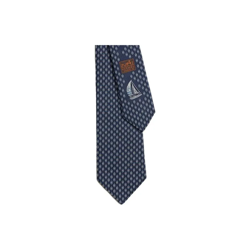 HERMES Mulberry Silk Ties Men's Dark Blue-1
