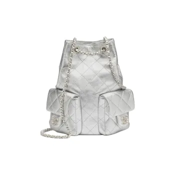 CHANEL Lambskin Backpack Women's Silver