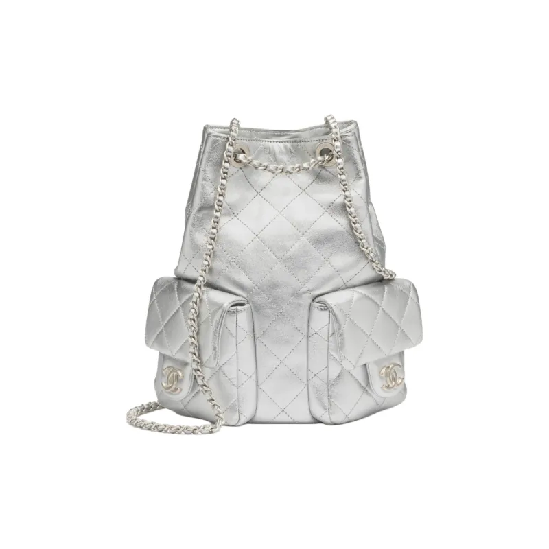 CHANEL Lambskin Backpack Women's Silver-0