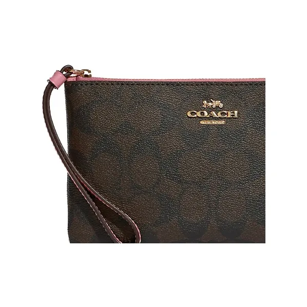 COACH Corner Zip Canvas With Leather Mahjong Set Clutches Large Size Women's Brown With Pink-4