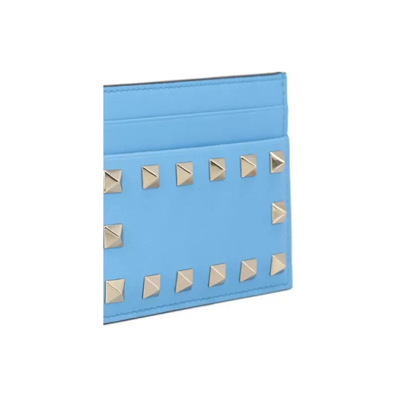 Valentino Rockstud Calfskin Card Holder Regular Women's Blue-4