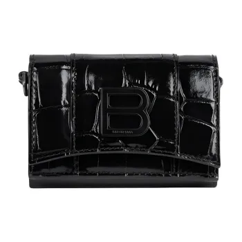Balenciaga Hourglass Cow Leather Patchwork With Sheepskin Wallet Mini Women's Black