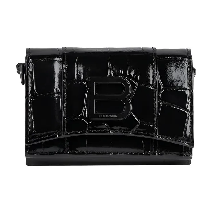 Balenciaga Hourglass Cow Leather Patchwork With Sheepskin Wallet Mini Women's Black-0