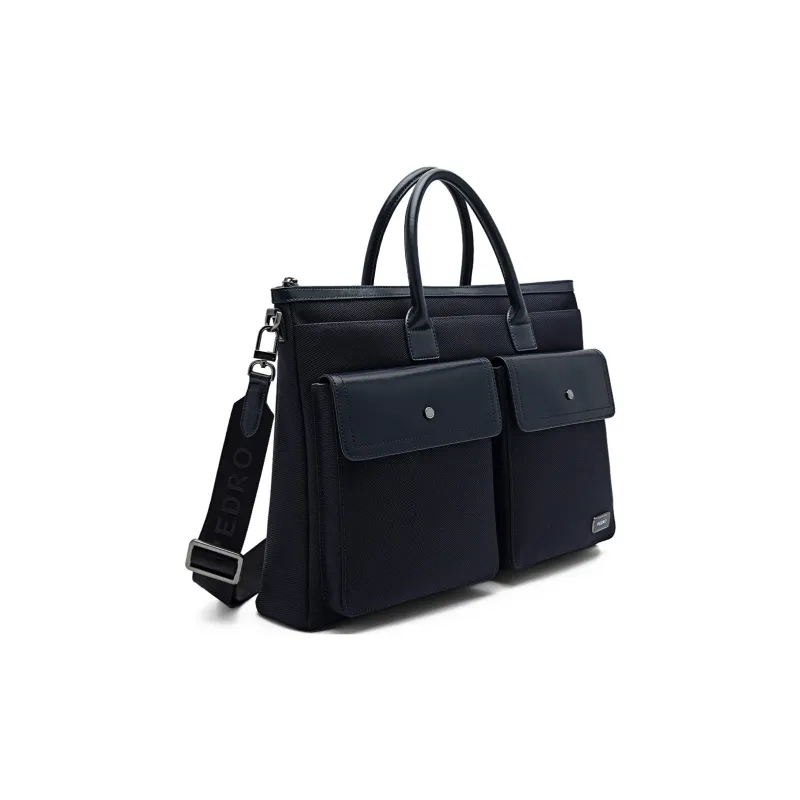 PEDRO Fabric With Cow Leather Briefcases Handbags Large Size Men's Black/Blue-7