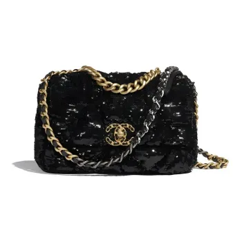 CHANEL 19Bag Sequins Flap Bag, Chain Shoulder Bag, Crossbody Bag Trumpets Women's Black