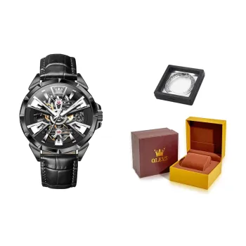 OLEVS Play The Cool Series Mechanical Movement Leather Watch Bands Watch Men's Watches Black Dial