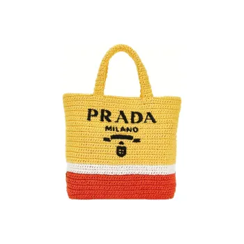 PRADA Raffia Effect Yarn Tote Bag Shopping Bag Handbag Women's Orange And Yellow