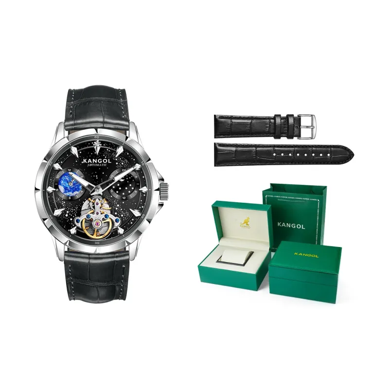 KANGOL Automatic Mechanical Movement Genuine Leather Strap Watch Men's Watches Black Dial-0