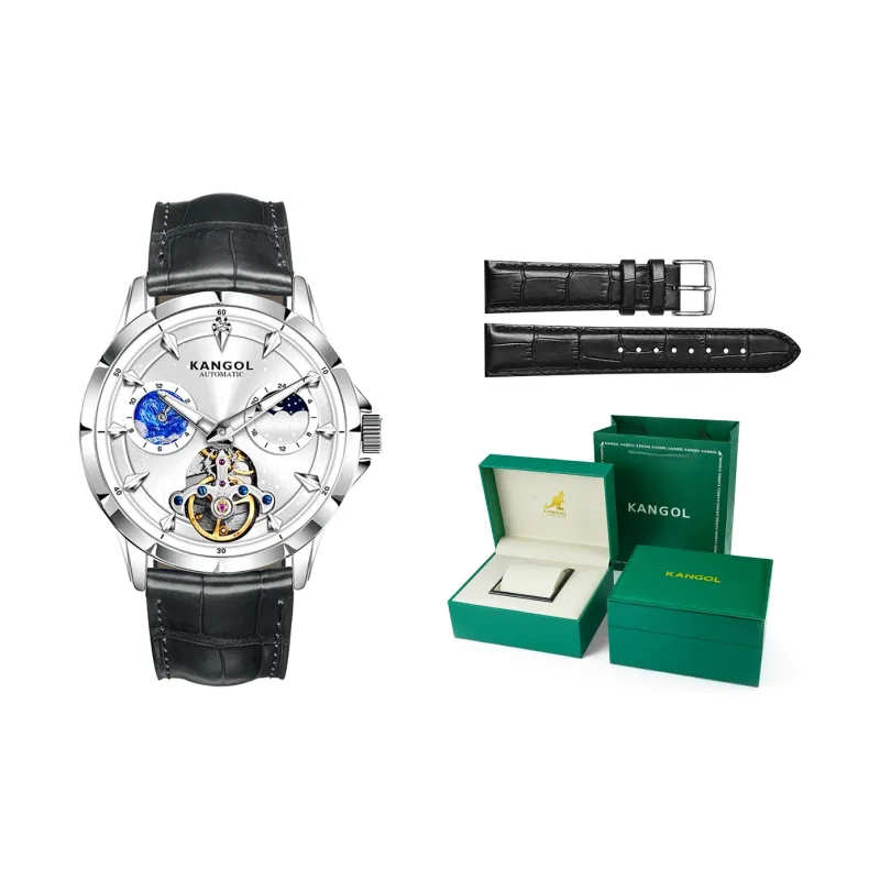 KANGOL Automatic Mechanical Movement Genuine Leather Strap Watch Men's Watches Black Dial-6