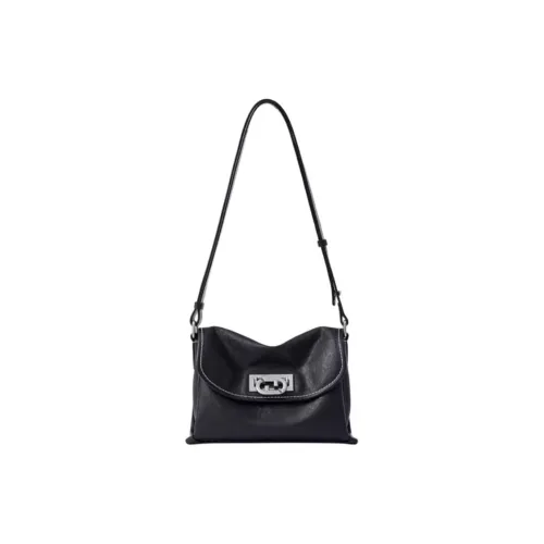 FION Cow Leather Small Square Bag Shoulder Bag Small Size Women's Classic Black/Moss Green