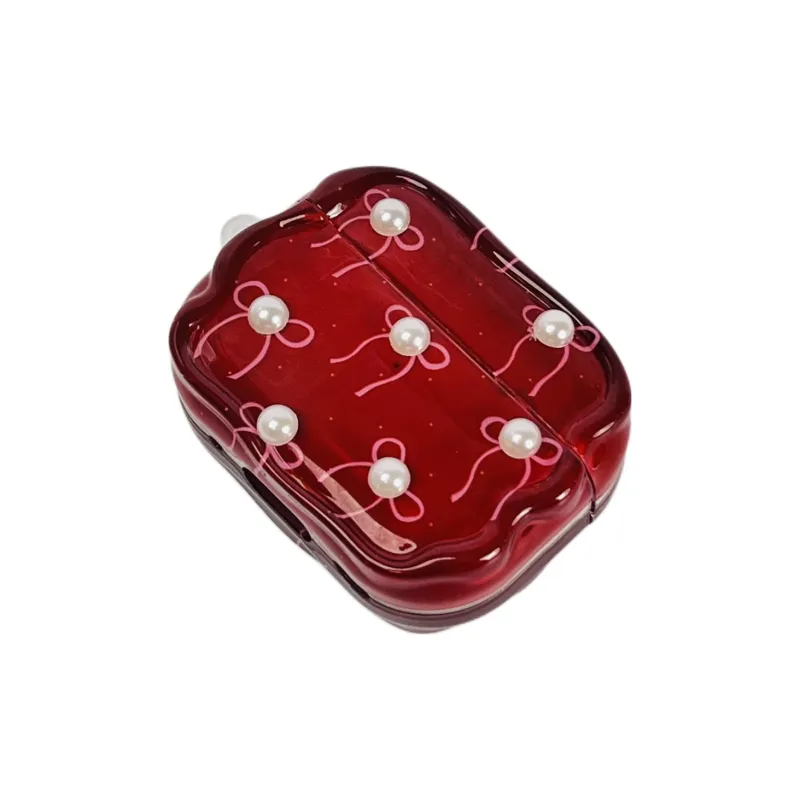Wei Xin Apple AirPods 4/2/3/4th Generation/AirPods Pro/Pro 2nd Generation TPU Red Base Pearl Bowknot Headphone Cases-4
