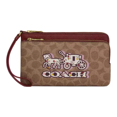 COACH Coated Canvas Wallet Small Size Women's Tan & Black Cherry