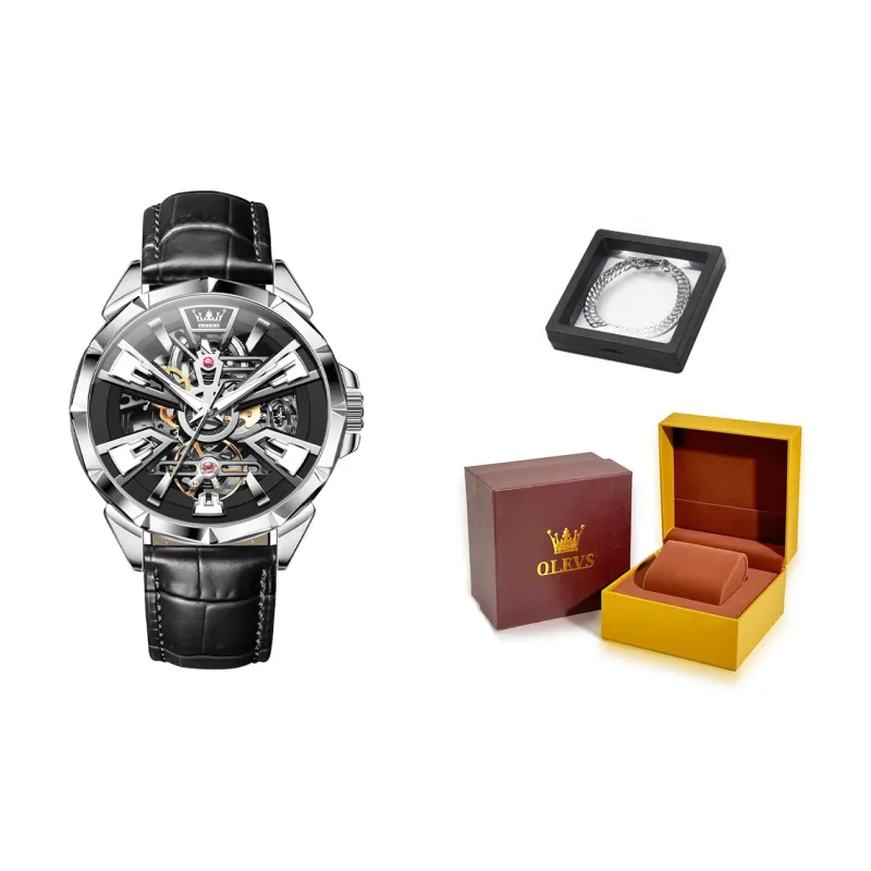 OLEVS Play The Cool Series Mechanical Movement Leather Watch Bands Watch Men's Watches Black Dial-0