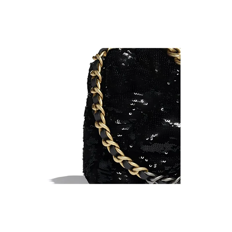 CHANEL 19Bag Sequins Flap Bag, Chain Shoulder Bag, Crossbody Bag Trumpets Women's Black-3