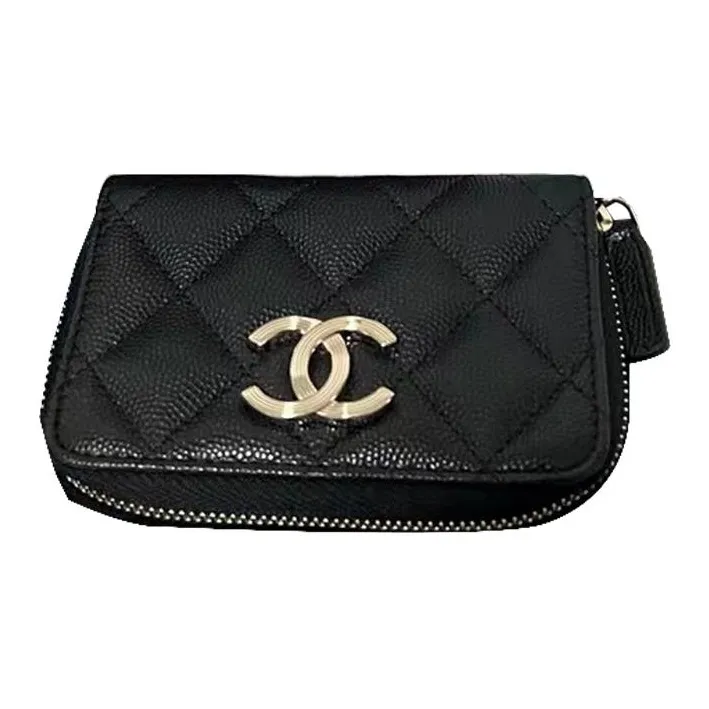 CHANEL Grain Embossed Litchi Grain Calfskin Key Pouch Card Holder Coin Purse Trumpets Women's Black-1