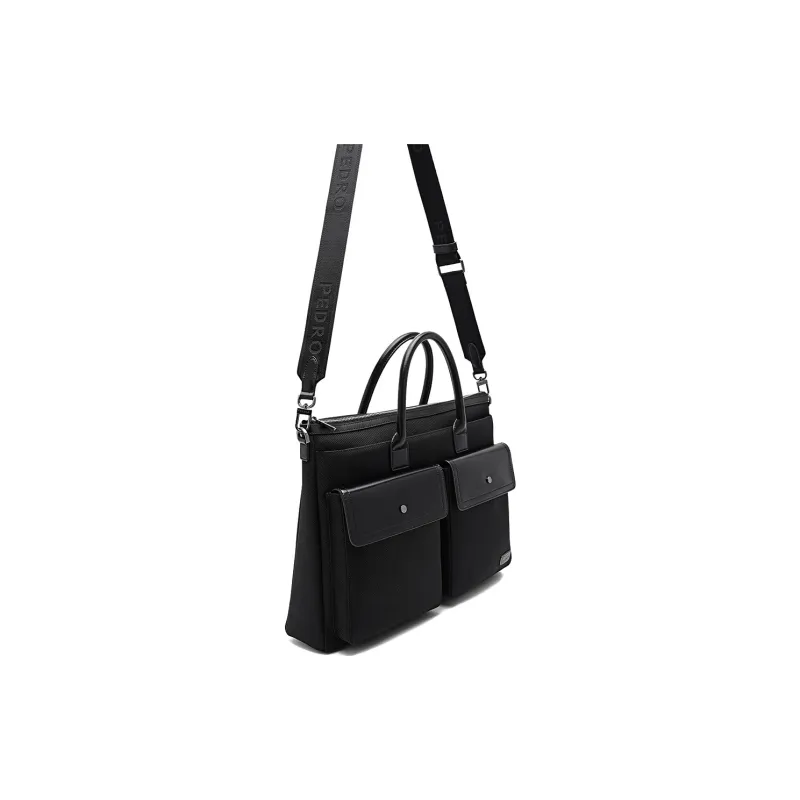 PEDRO Fabric With Cow Leather Briefcases Handbags Large Size Men's Black/Blue-4