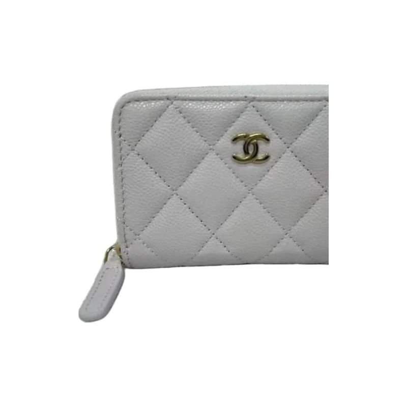 CHANEL Leather Wallet Women's Gray White-3