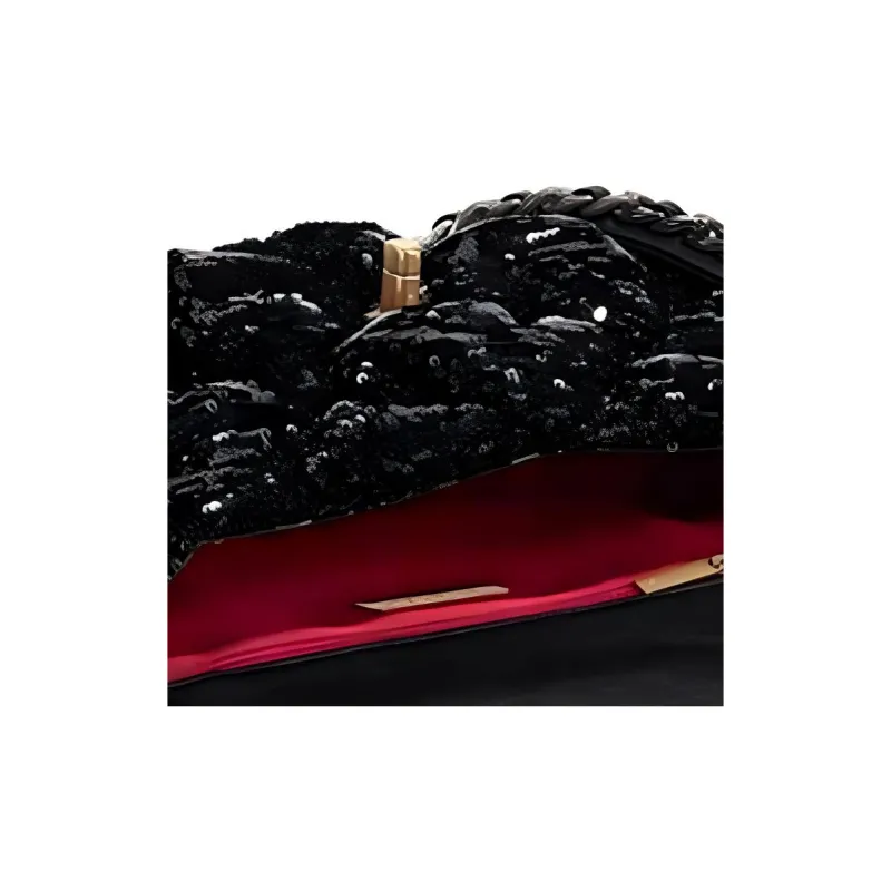 CHANEL 19Bag Sequins Flap Bag, Chain Shoulder Bag, Crossbody Bag Trumpets Women's Black-4